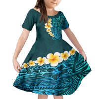 Turquosie Polynesia Family Matching Off Shoulder Long Sleeve Dress and Hawaiian Shirt Plumeria Tropical Leaves With Galaxy Polynesian Art LT14 Daughter's Dress Turquoise - Polynesian Pride