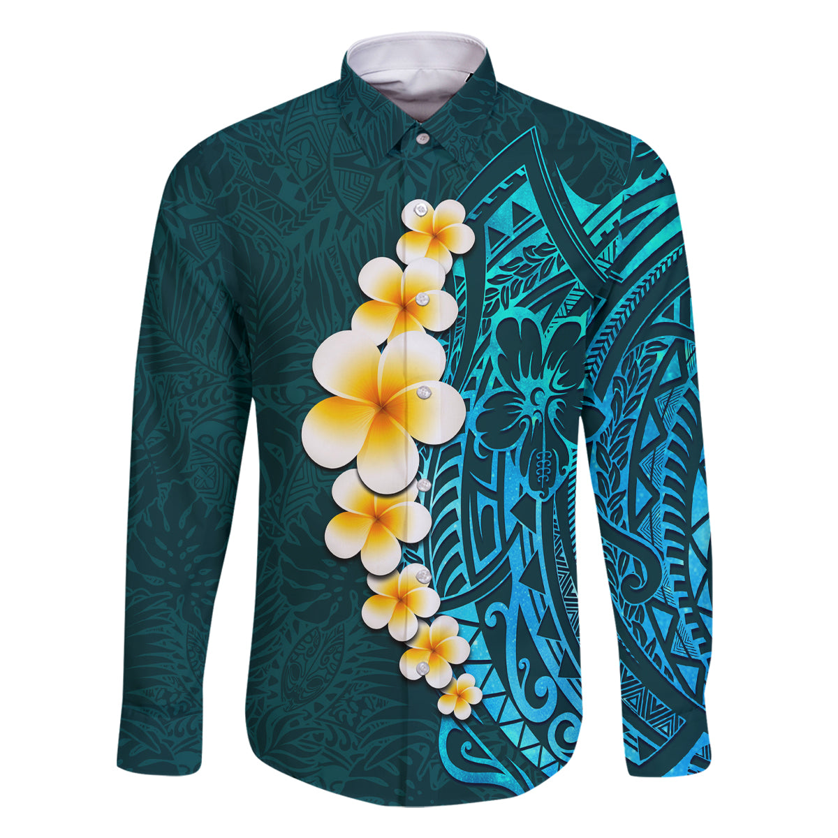 Turquosie Polynesia Family Matching Off Shoulder Long Sleeve Dress and Hawaiian Shirt Plumeria Tropical Leaves With Galaxy Polynesian Art LT14 Dad's Shirt - Long Sleeve Turquoise - Polynesian Pride
