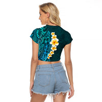 Turquosie Polynesia Raglan Cropped T Shirt Plumeria Tropical Leaves With Galaxy Polynesian Art LT14 - Polynesian Pride