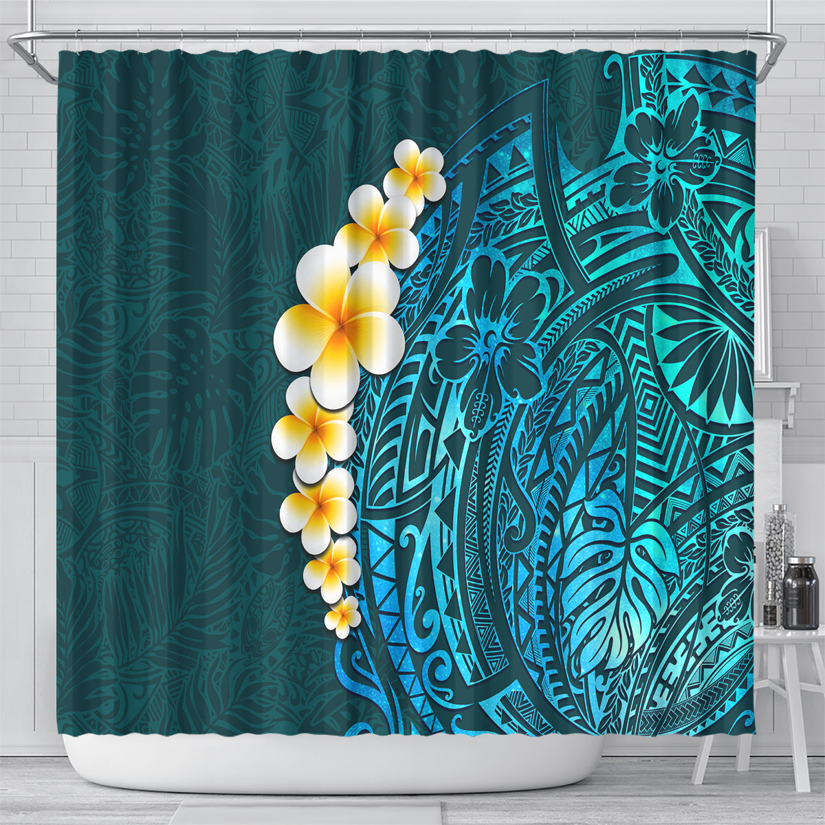 Turquosie Polynesia Shower Curtain Plumeria Tropical Leaves With Galaxy Polynesian Art LT14 - Polynesian Pride