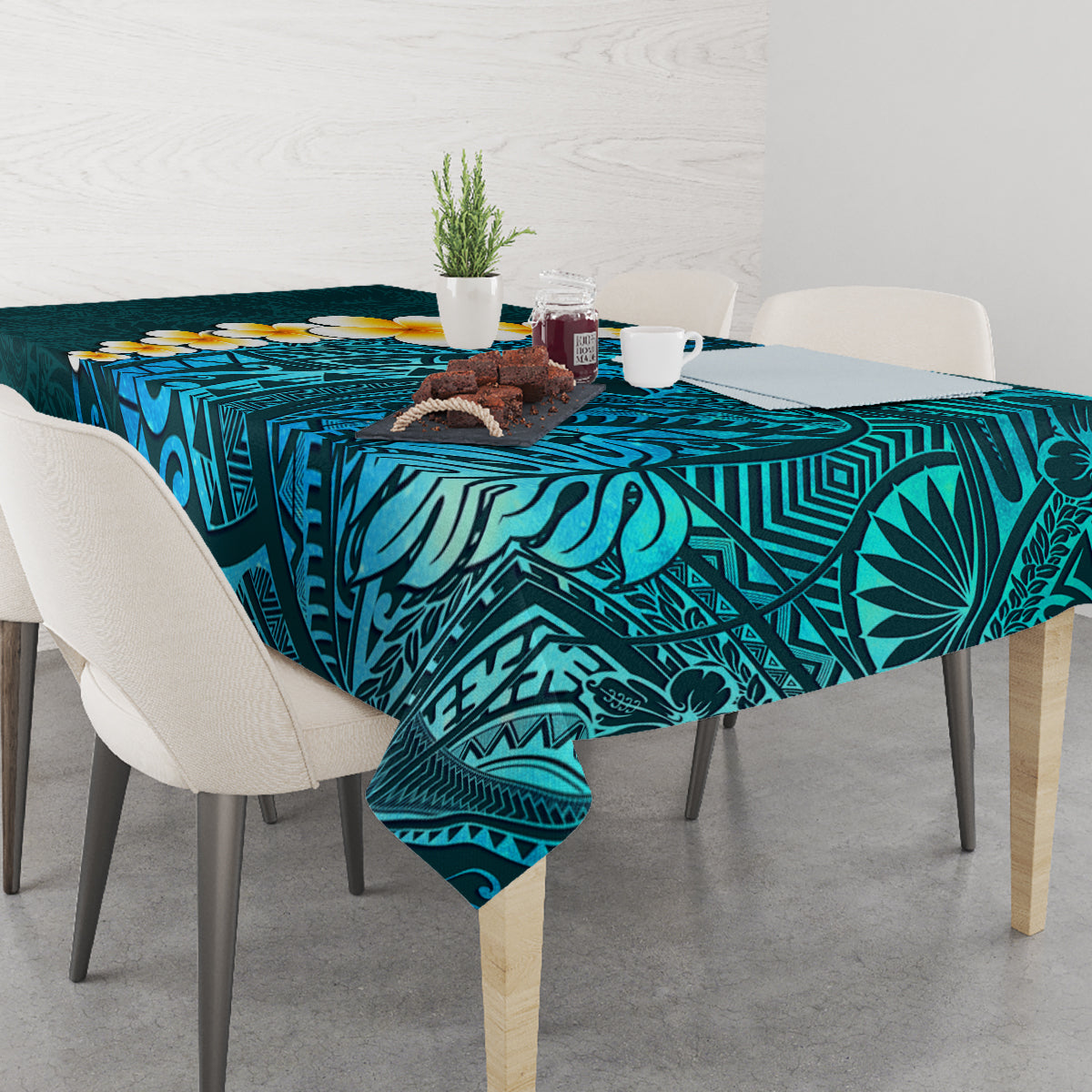 Turquosie Polynesia Tablecloth Plumeria Tropical Leaves With Galaxy Polynesian Art LT14 - Polynesian Pride