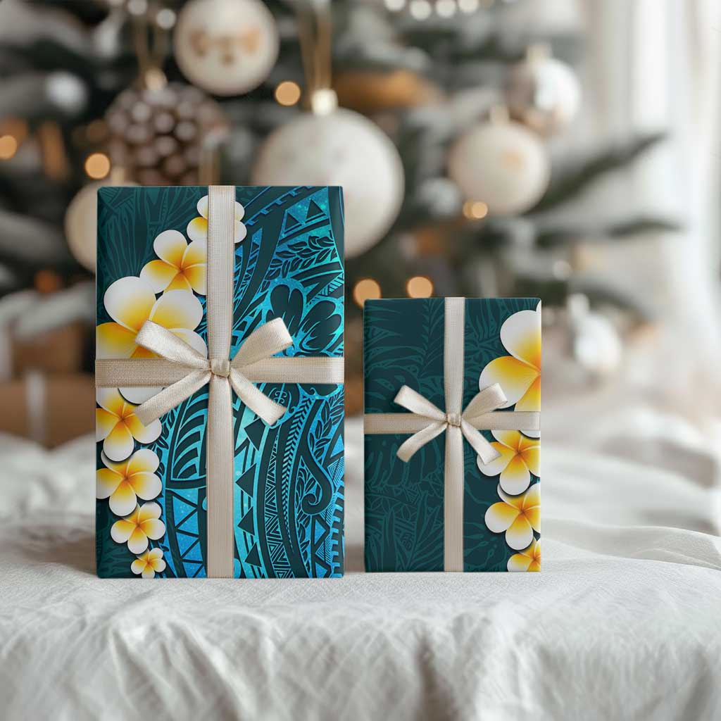 Turquosie Polynesia Wrapping Paper Plumeria Tropical Leaves With Galaxy Polynesian Art
