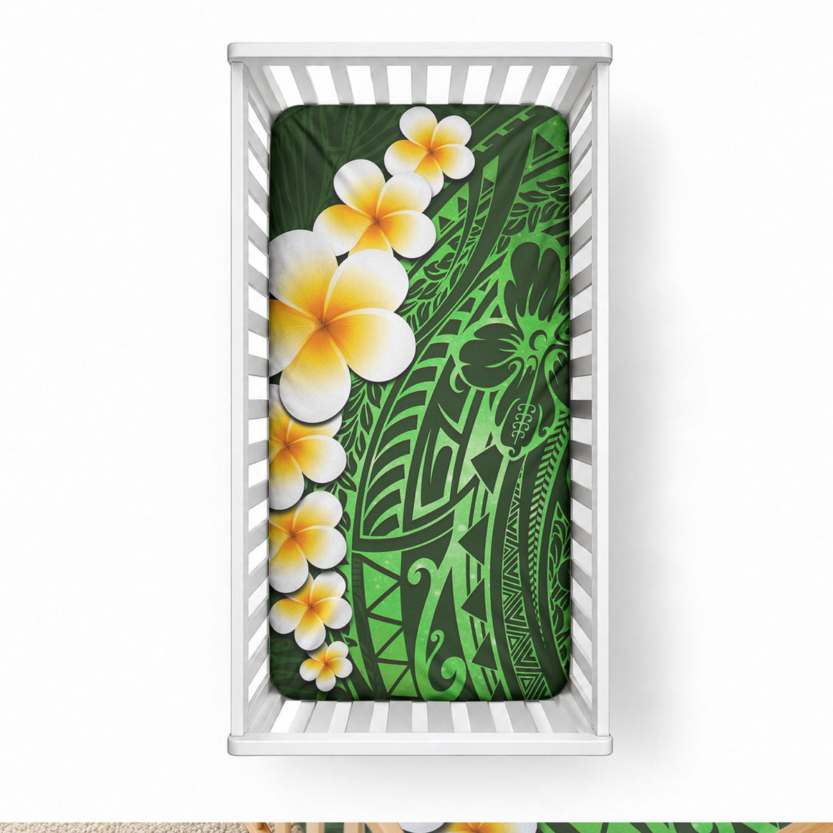 Green Tropical Plumeria With Galaxy Polynesian Art Baby Bed Cover