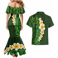 Green Polynesia Couples Matching Mermaid Dress and Hawaiian Shirt Plumeria Tropical Leaves With Galaxy Polynesian Art LT14 - Polynesian Pride