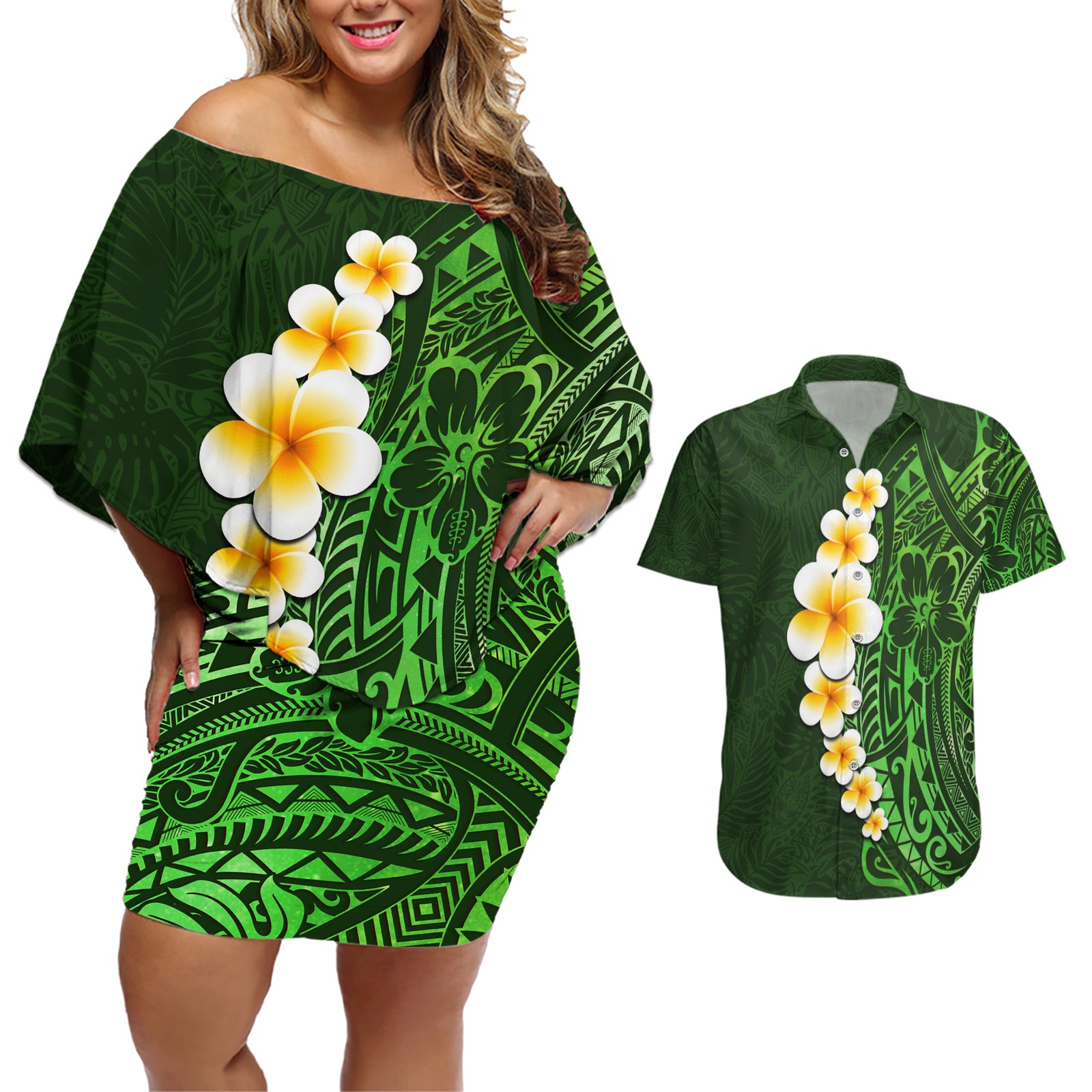 Green Polynesia Couples Matching Off Shoulder Short Dress and Hawaiian Shirt Plumeria Tropical Leaves With Galaxy Polynesian Art LT14 Green - Polynesian Pride