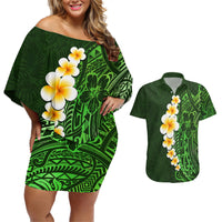 Green Polynesia Couples Matching Off Shoulder Short Dress and Hawaiian Shirt Plumeria Tropical Leaves With Galaxy Polynesian Art LT14 Green - Polynesian Pride