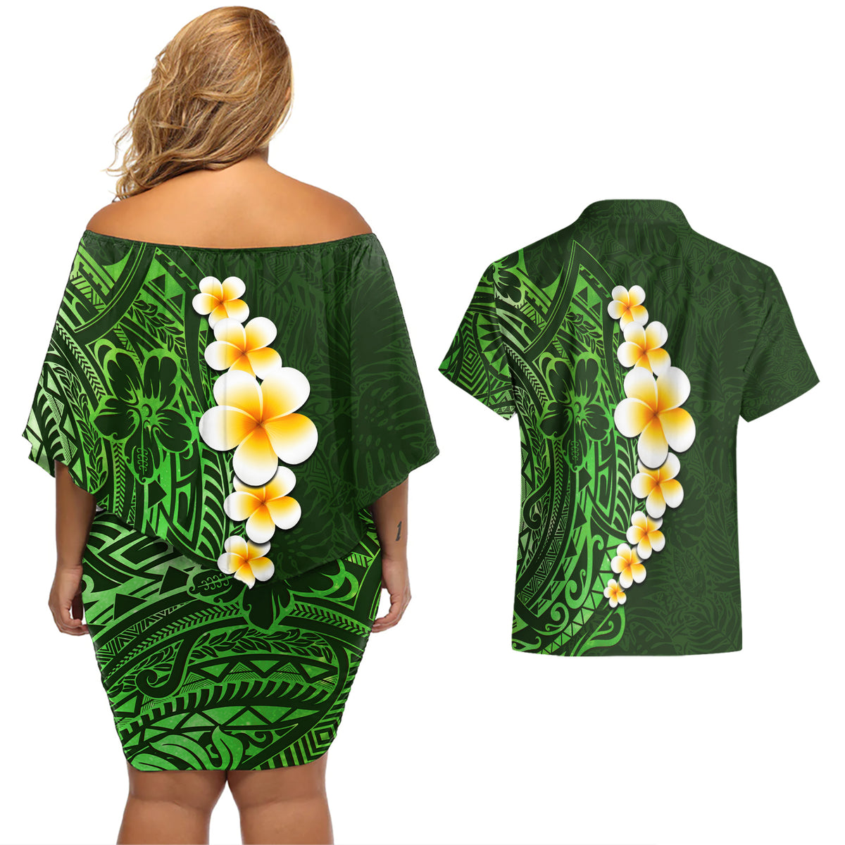 Green Polynesia Couples Matching Off Shoulder Short Dress and Hawaiian Shirt Plumeria Tropical Leaves With Galaxy Polynesian Art LT14 - Polynesian Pride