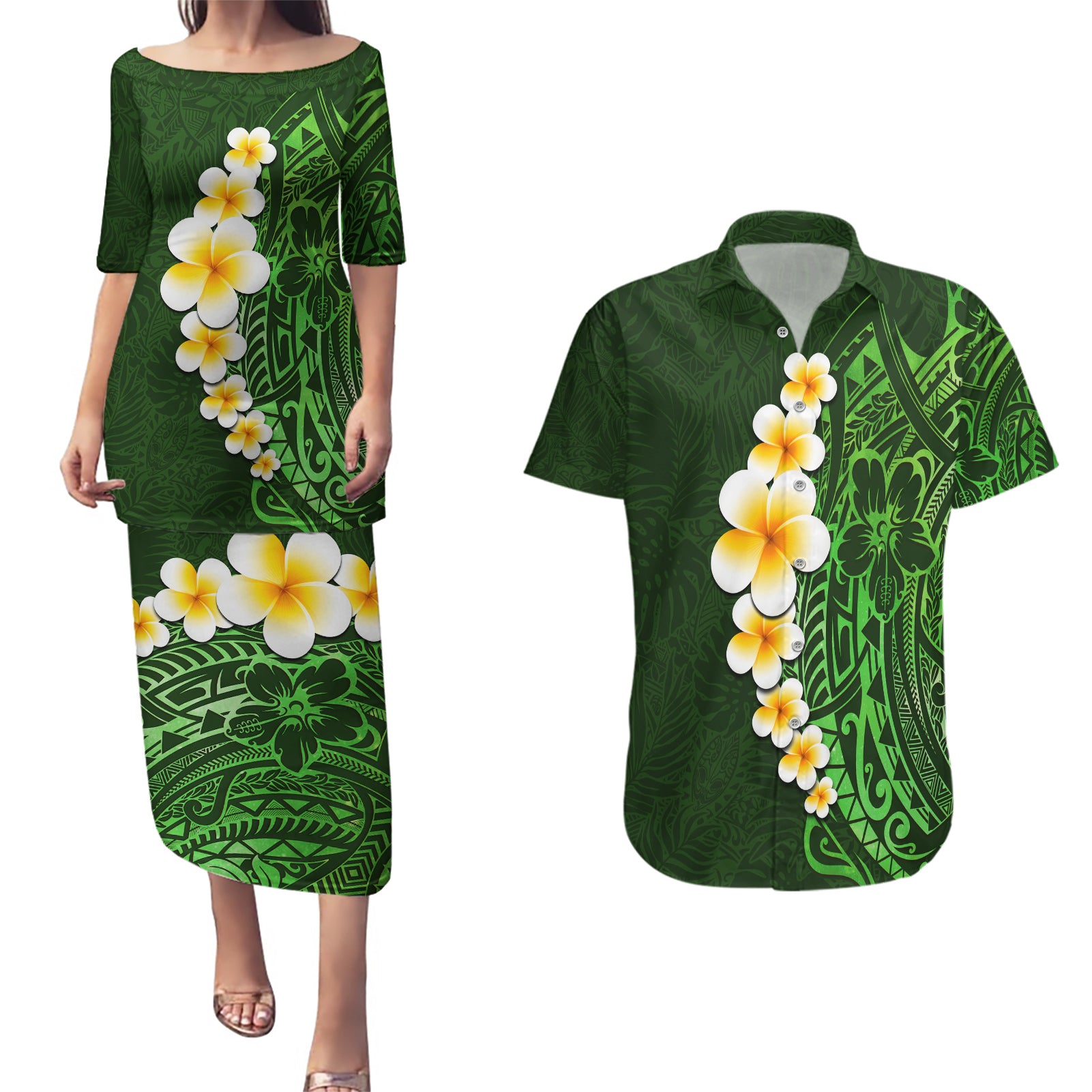 Green Polynesia Couples Matching Puletasi Dress and Hawaiian Shirt Plumeria Tropical Leaves With Galaxy Polynesian Art LT14 Green - Polynesian Pride