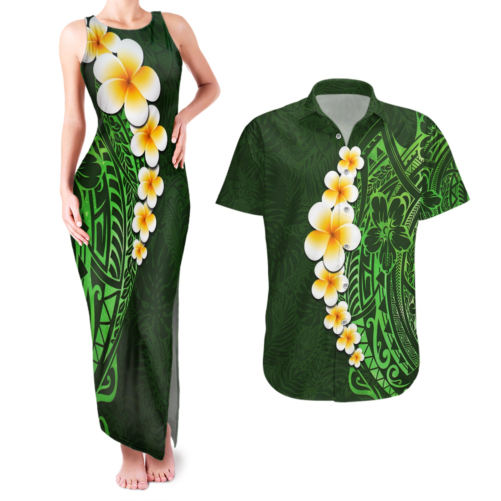 Green Polynesia Couples Matching Tank Maxi Dress and Hawaiian Shirt Plumeria Tropical Leaves With Galaxy Polynesian Art LT14 Green - Polynesian Pride
