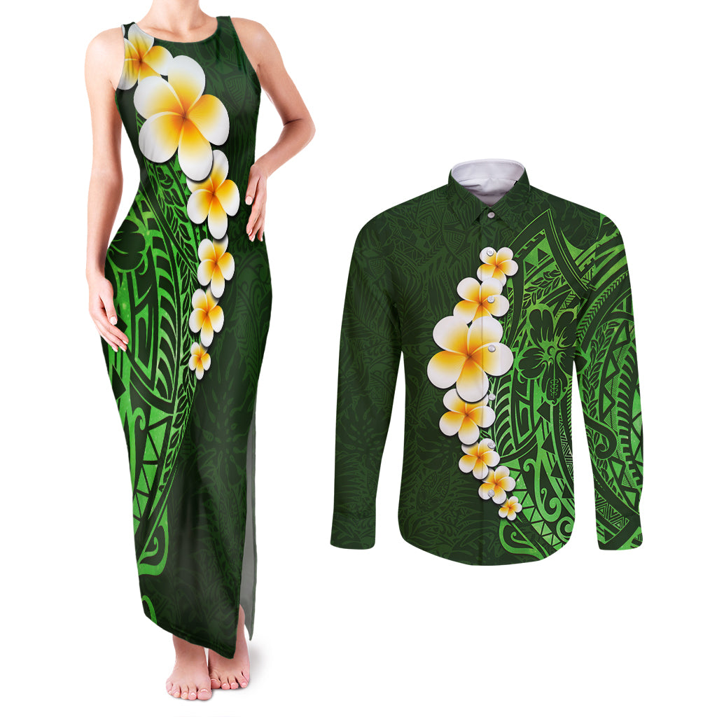 Green Polynesia Couples Matching Tank Maxi Dress and Long Sleeve Button Shirt Plumeria Tropical Leaves With Galaxy Polynesian Art LT14 Green - Polynesian Pride