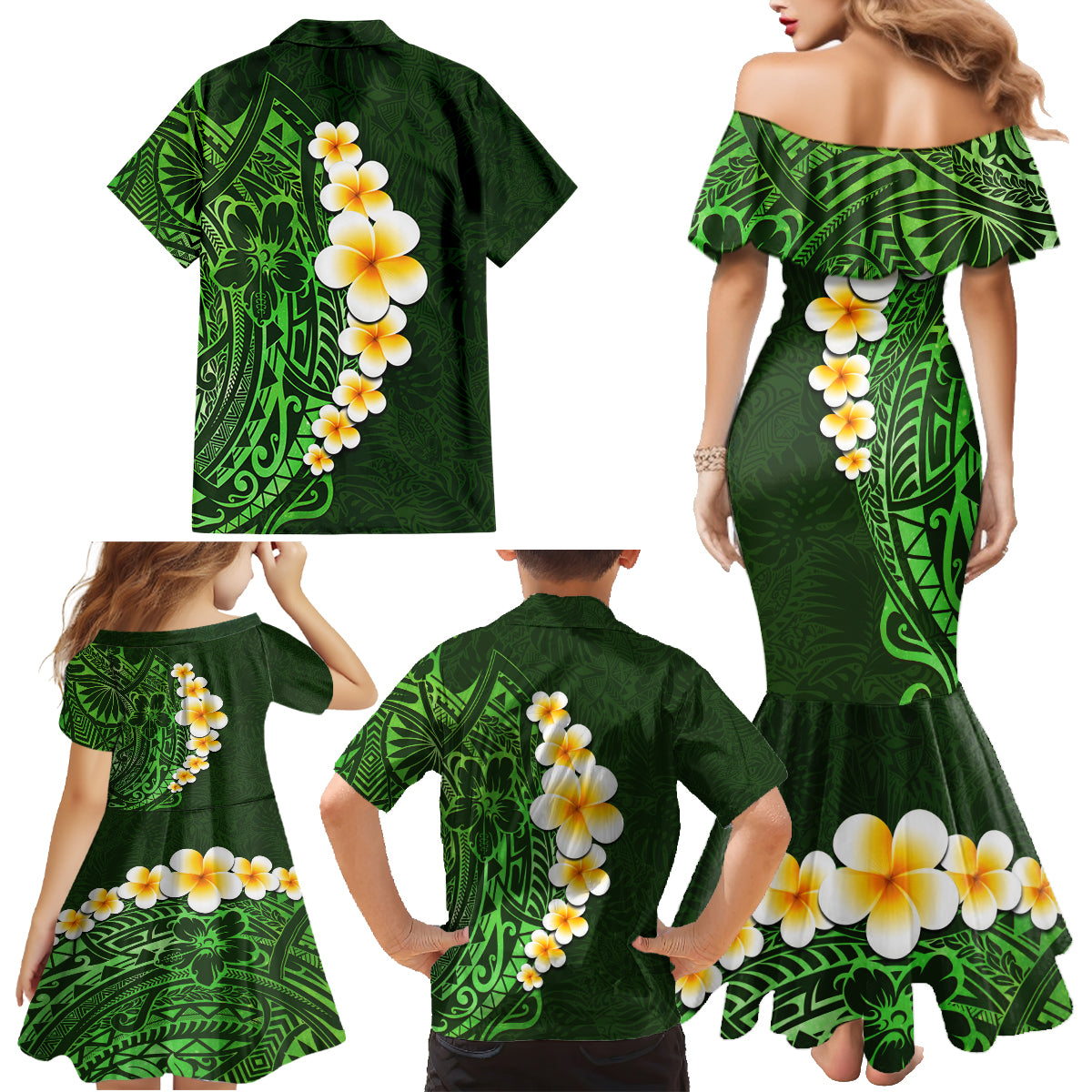 Green Polynesia Family Matching Mermaid Dress and Hawaiian Shirt Plumeria Tropical Leaves With Galaxy Polynesian Art LT14 - Polynesian Pride