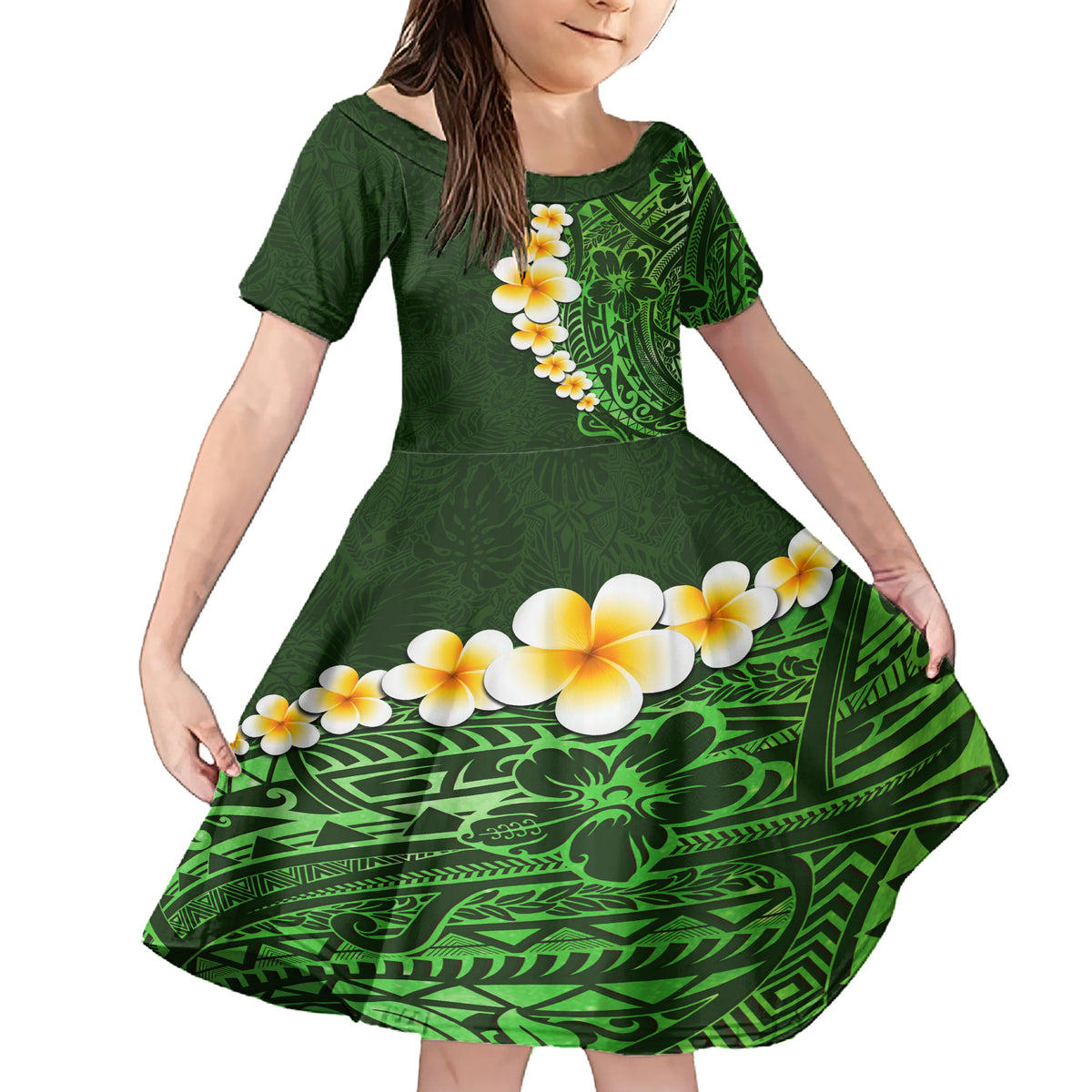 Green Polynesia Family Matching Short Sleeve Bodycon Dress and Hawaiian Shirt Plumeria Tropical Leaves With Galaxy Polynesian Art LT14 Daughter's Dress Green - Polynesian Pride