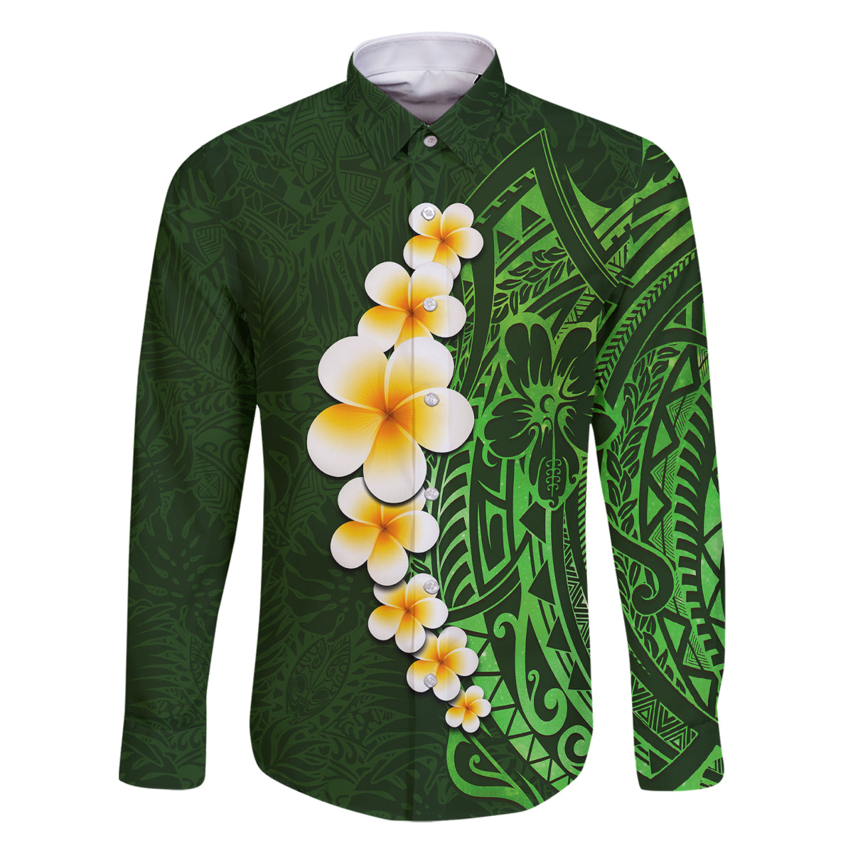 Green Polynesia Family Matching Tank Maxi Dress and Hawaiian Shirt Plumeria Tropical Leaves With Galaxy Polynesian Art LT14 Dad's Shirt - Long Sleeve Green - Polynesian Pride