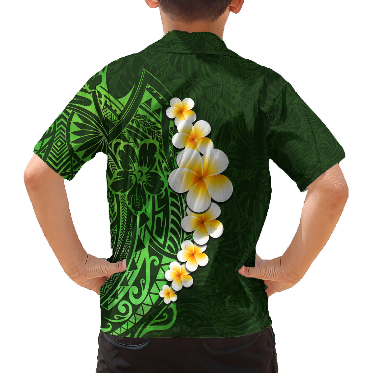 Green Polynesia Kid Hawaiian Shirt Plumeria Tropical Leaves With Galaxy Polynesian Art LT14 - Polynesian Pride