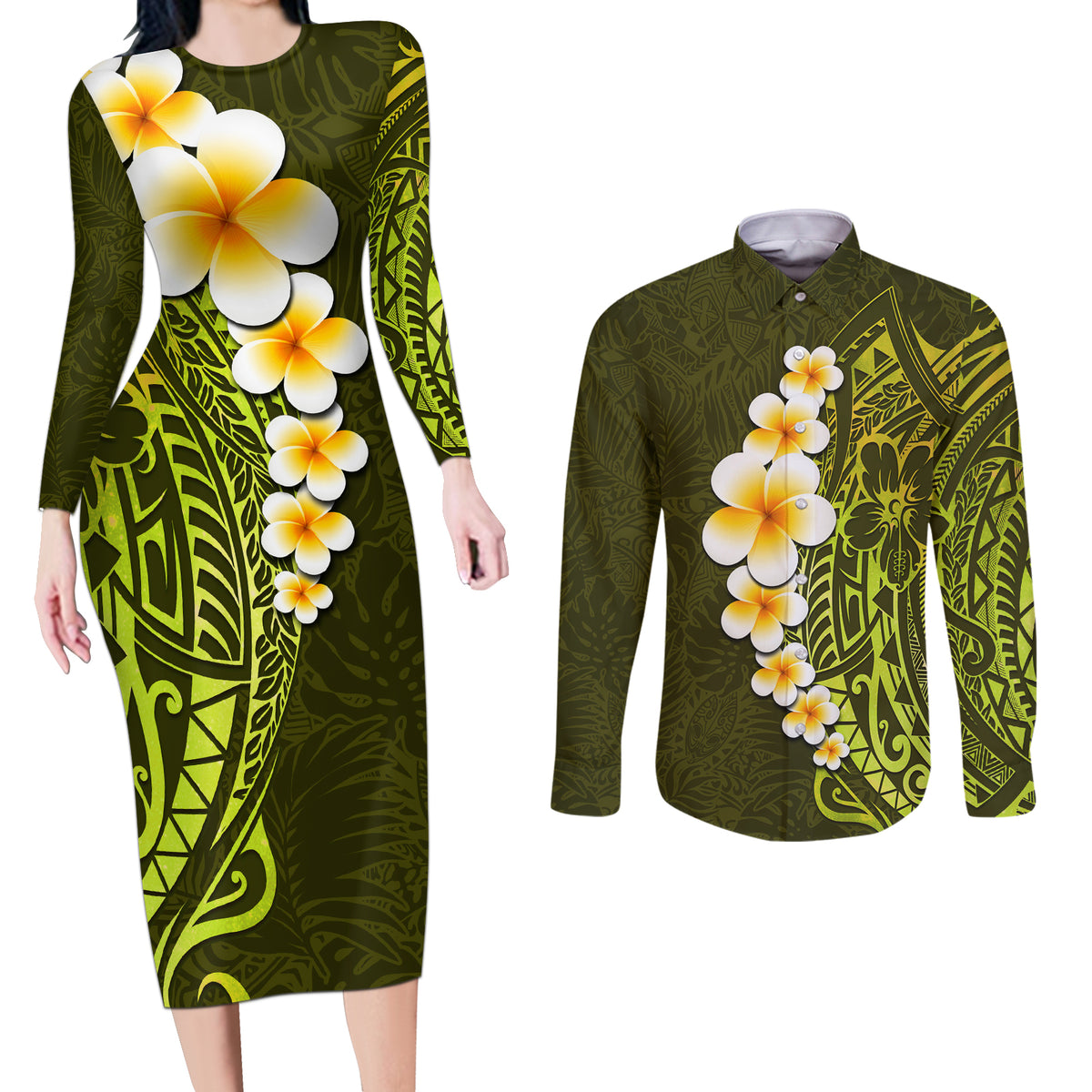 Lime Green Tropical Plumeria With Galaxy Polynesian Art Couples Matching Long Sleeve Bodycon Dress and Long Sleeve Button Shirt LT14 Lime Green - Polynesian Pride