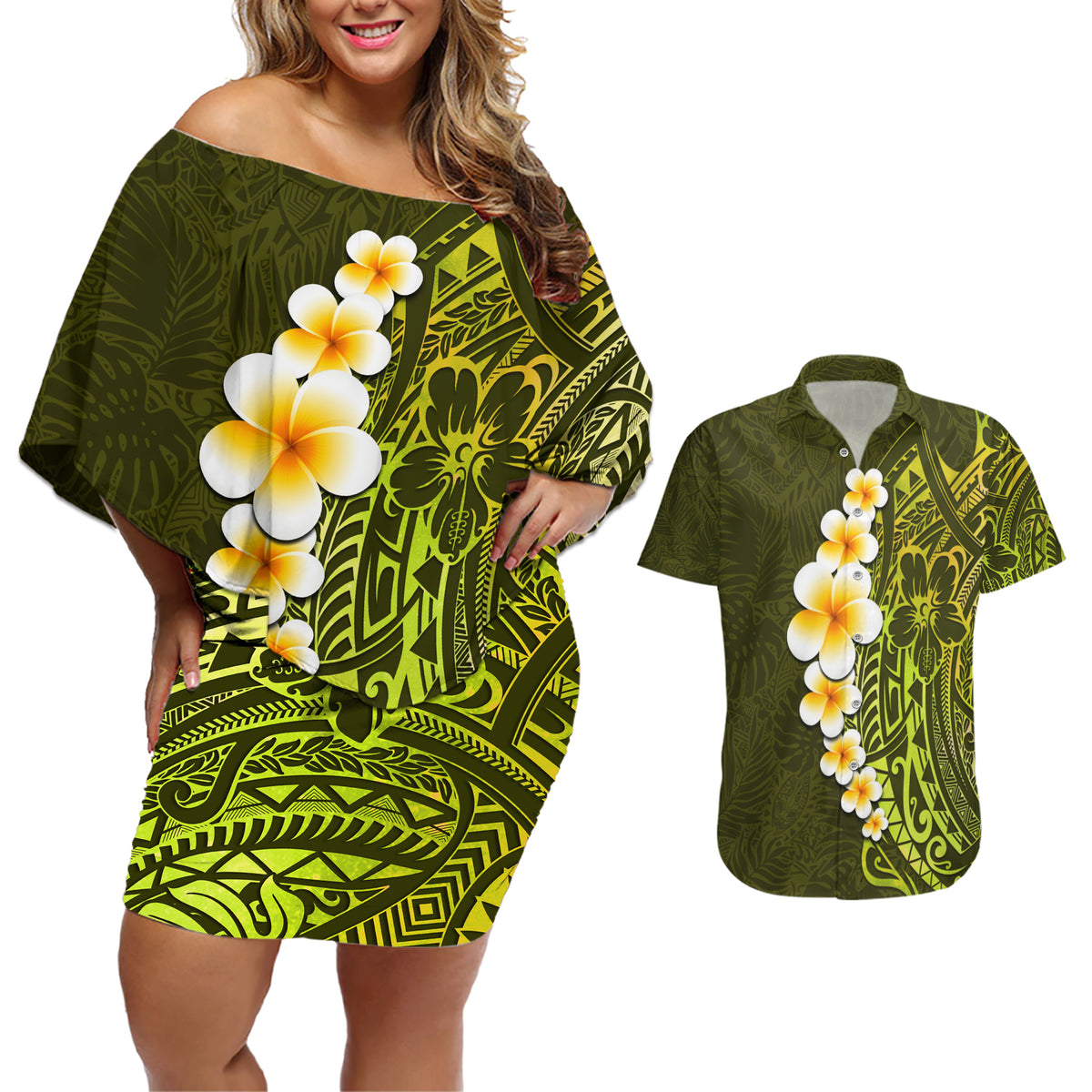Lime Green Tropical Plumeria With Galaxy Polynesian Art Couples Matching Off Shoulder Short Dress and Hawaiian Shirt LT14 Lime Green - Polynesian Pride