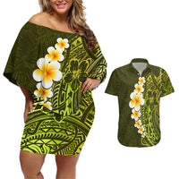 Lime Green Tropical Plumeria With Galaxy Polynesian Art Couples Matching Off Shoulder Short Dress and Hawaiian Shirt LT14 Lime Green - Polynesian Pride