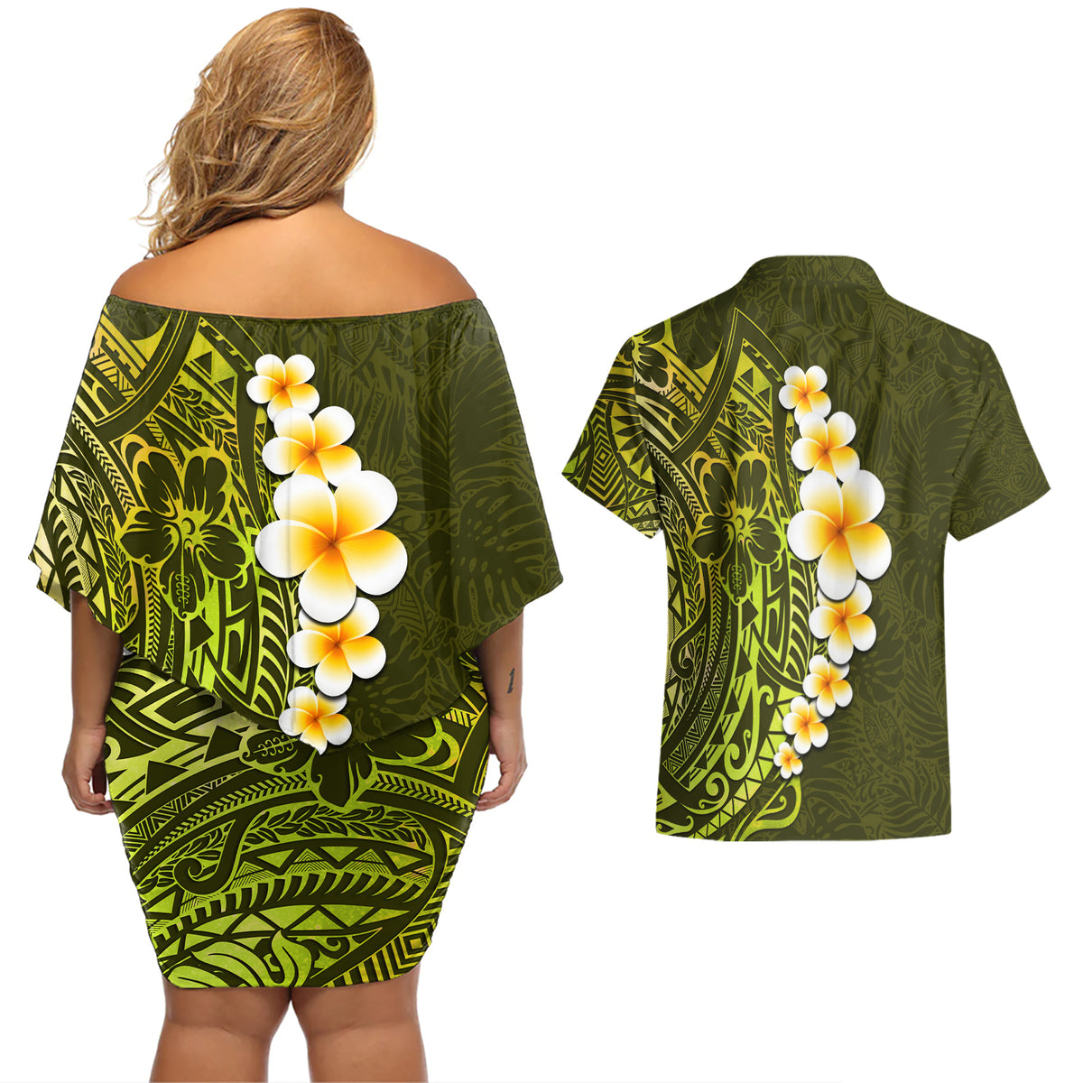 Lime Green Tropical Plumeria With Galaxy Polynesian Art Couples Matching Off Shoulder Short Dress and Hawaiian Shirt LT14 - Polynesian Pride