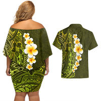 Lime Green Tropical Plumeria With Galaxy Polynesian Art Couples Matching Off Shoulder Short Dress and Hawaiian Shirt LT14 - Polynesian Pride
