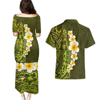 Lime Green Tropical Plumeria With Galaxy Polynesian Art Couples Matching Puletasi Dress and Hawaiian Shirt LT14 - Polynesian Pride
