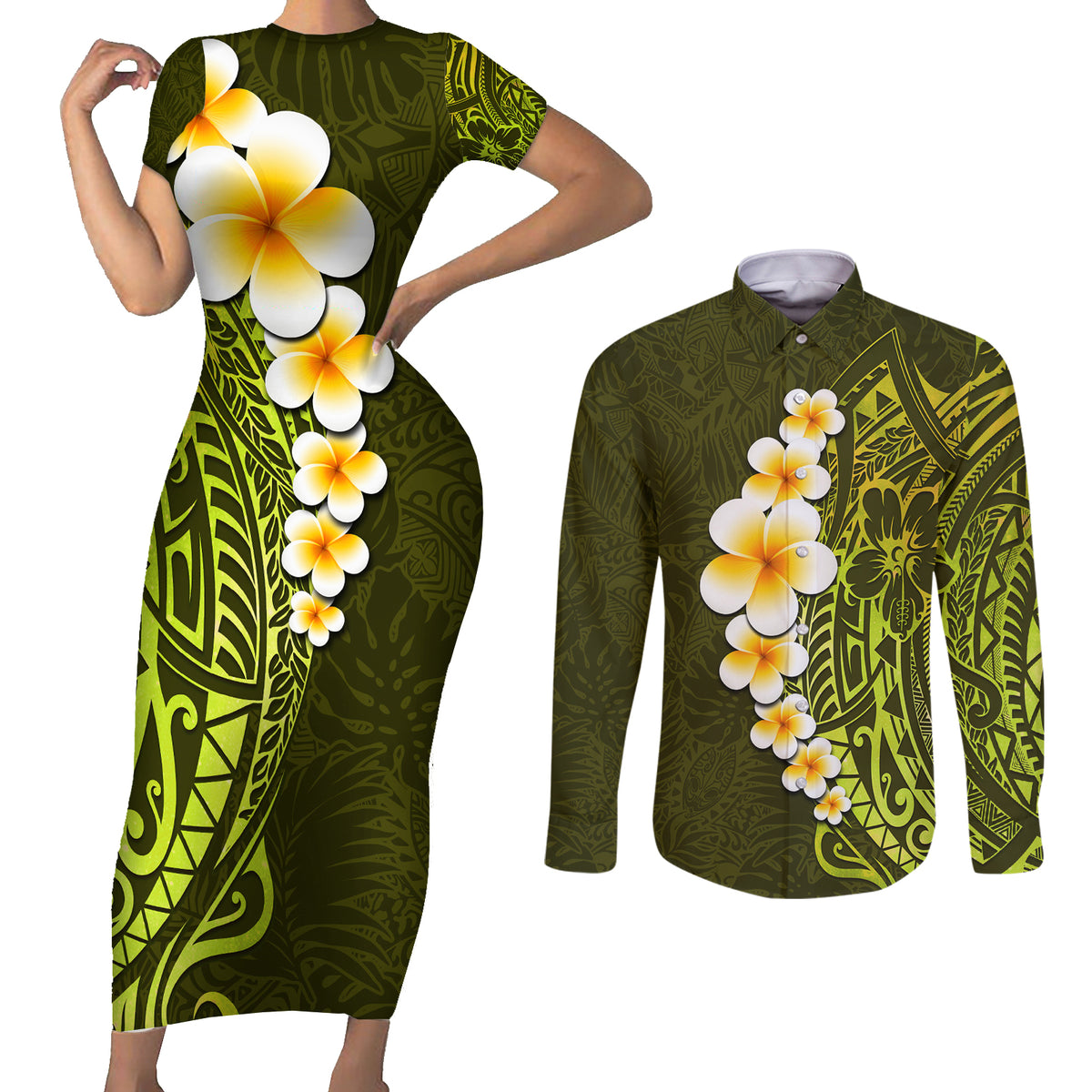 Lime Green Tropical Plumeria With Galaxy Polynesian Art Couples Matching Short Sleeve Bodycon Dress and Long Sleeve Button Shirt LT14 Lime Green - Polynesian Pride