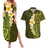 Lime Green Tropical Plumeria With Galaxy Polynesian Art Couples Matching Summer Maxi Dress and Hawaiian Shirt LT14 Lime Green - Polynesian Pride