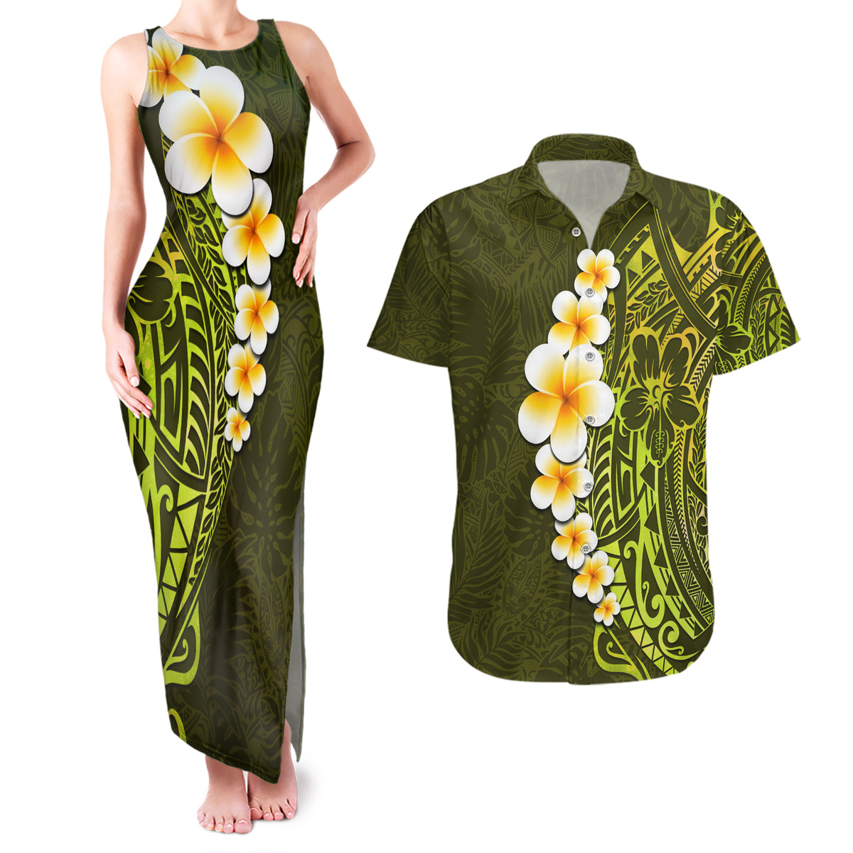 Lime Green Tropical Plumeria With Galaxy Polynesian Art Couples Matching Tank Maxi Dress and Hawaiian Shirt LT14 Lime Green - Polynesian Pride