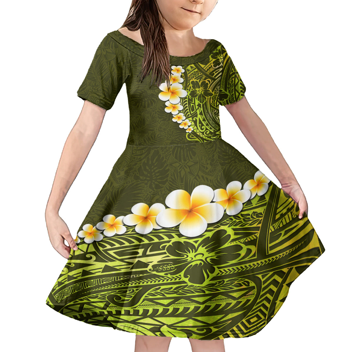 Lime Green Tropical Plumeria With Galaxy Polynesian Art Family Matching Tank Maxi Dress and Hawaiian Shirt LT14 Daughter's Dress Lime Green - Polynesian Pride