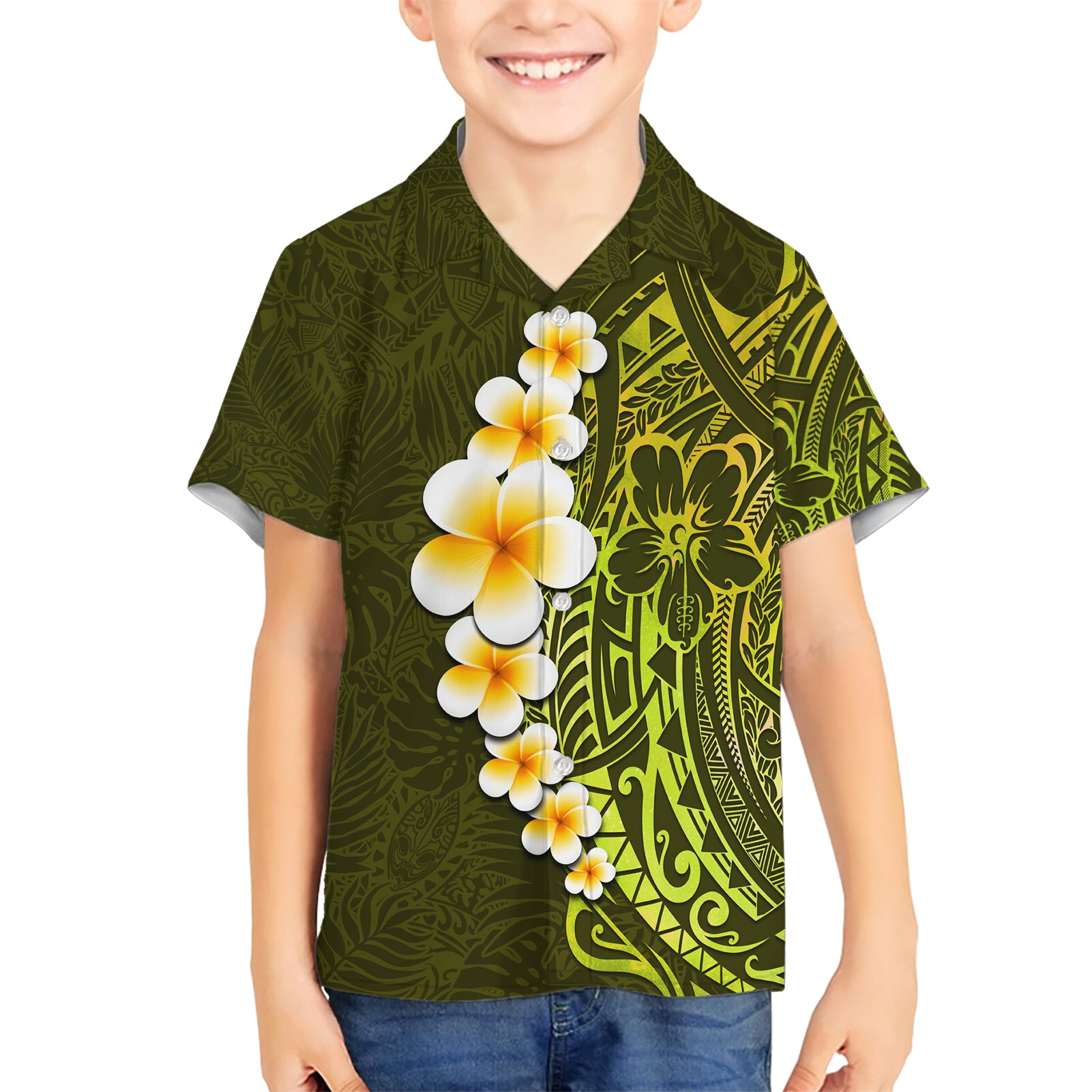 Lime Green Tropical Plumeria With Galaxy Polynesian Art Kid Hawaiian Shirt LT14 Kid Lime Green - Polynesian Pride