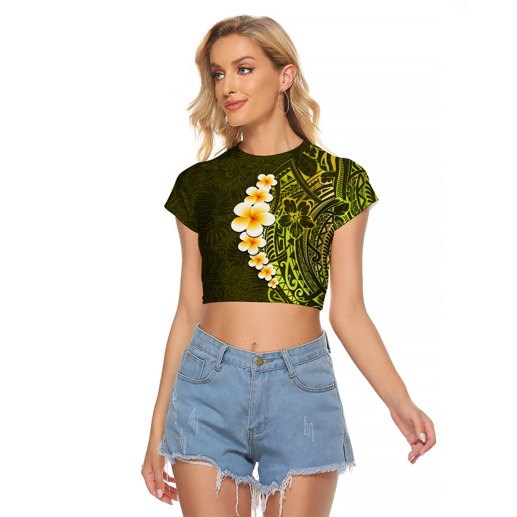 Lime Green Tropical Plumeria With Galaxy Polynesian Art Raglan Cropped T Shirt LT14 Female Lime Green - Polynesian Pride
