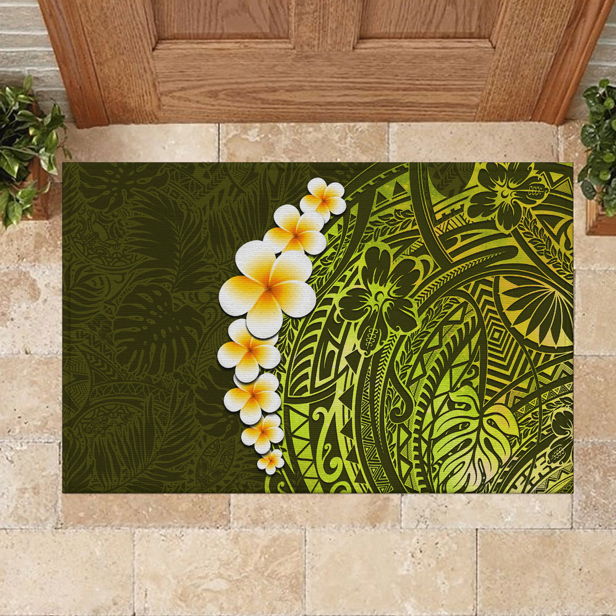 Lime Green Tropical Plumeria With Galaxy Polynesian Art Rubber Doormat LT14 - Polynesian Pride
