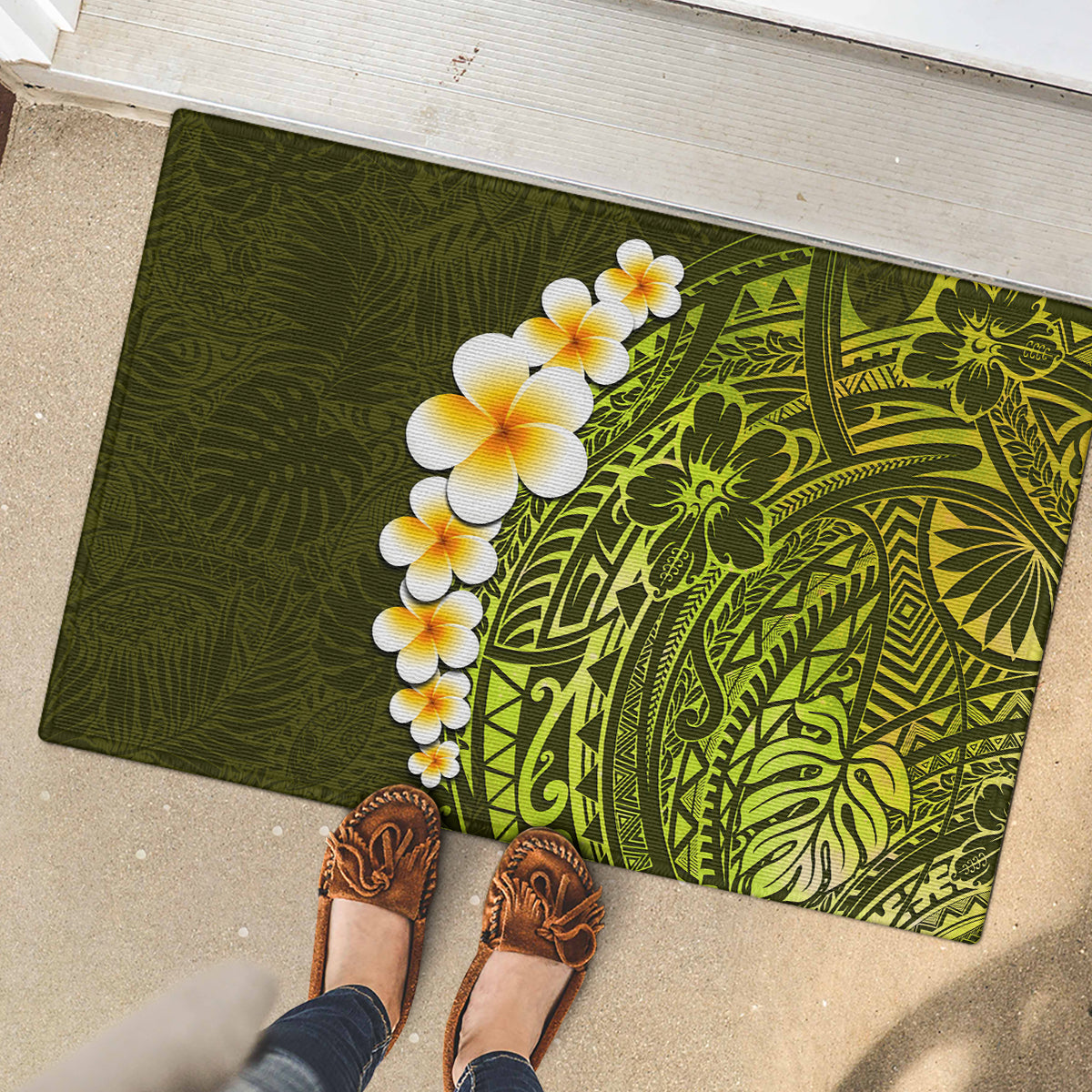 Lime Green Tropical Plumeria With Galaxy Polynesian Art Rubber Doormat LT14 - Polynesian Pride