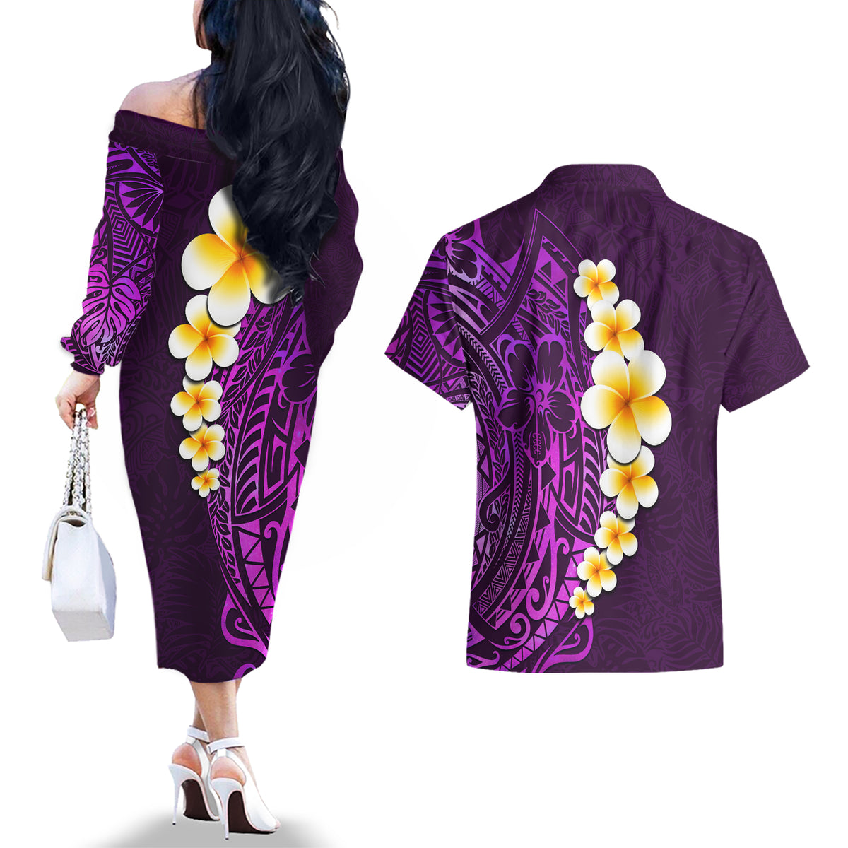 Purple Tropical Plumeria With Galaxy Polynesian Art Couples Matching Off The Shoulder Long Sleeve Dress and Hawaiian Shirt LT14 - Polynesian Pride