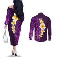 Purple Tropical Plumeria With Galaxy Polynesian Art Couples Matching Off The Shoulder Long Sleeve Dress and Long Sleeve Button Shirt LT14 - Polynesian Pride