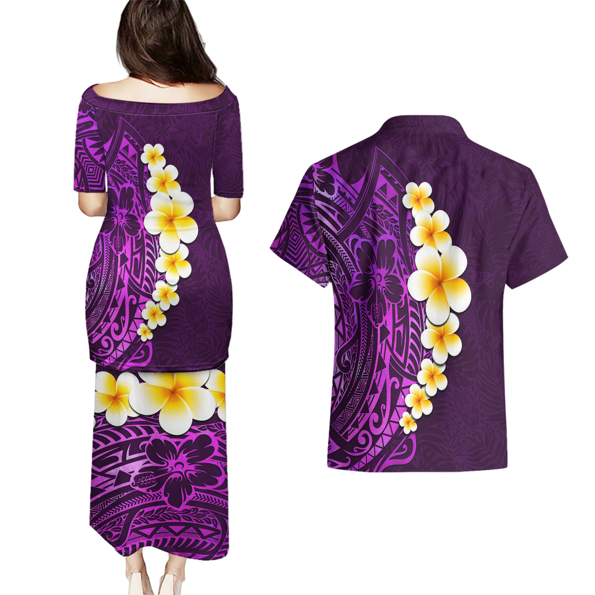 Purple Tropical Plumeria With Galaxy Polynesian Art Couples Matching Puletasi Dress and Hawaiian Shirt LT14 - Polynesian Pride