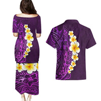 Purple Tropical Plumeria With Galaxy Polynesian Art Couples Matching Puletasi Dress and Hawaiian Shirt LT14 - Polynesian Pride