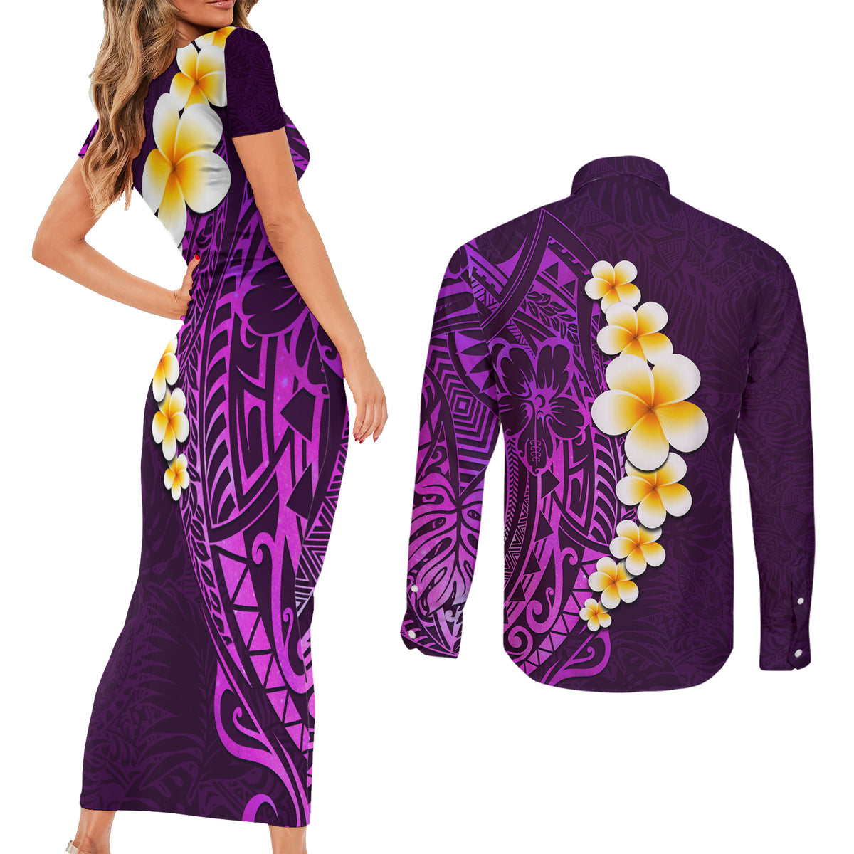 Purple Tropical Plumeria With Galaxy Polynesian Art Couples Matching Short Sleeve Bodycon Dress and Long Sleeve Button Shirt LT14 - Polynesian Pride