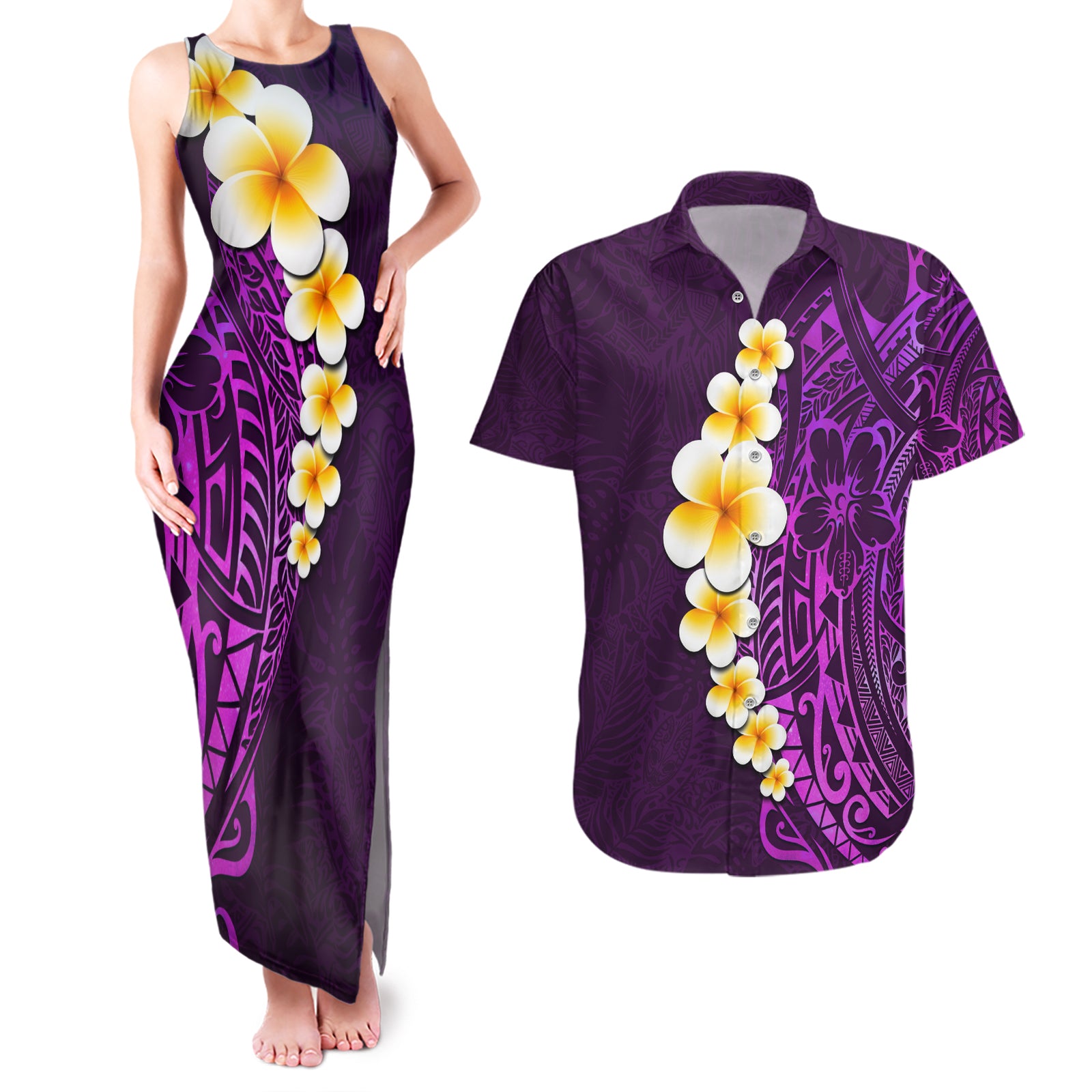 Purple Tropical Plumeria With Galaxy Polynesian Art Couples Matching Tank Maxi Dress and Hawaiian Shirt LT14 Purple - Polynesian Pride