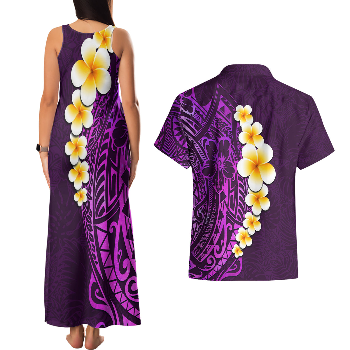Purple Tropical Plumeria With Galaxy Polynesian Art Couples Matching Tank Maxi Dress and Hawaiian Shirt LT14 - Polynesian Pride
