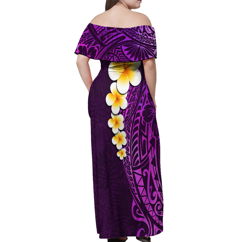 Purple Tropical Plumeria With Galaxy Polynesian Art Off Shoulder Maxi Dress LT14 - Polynesian Pride