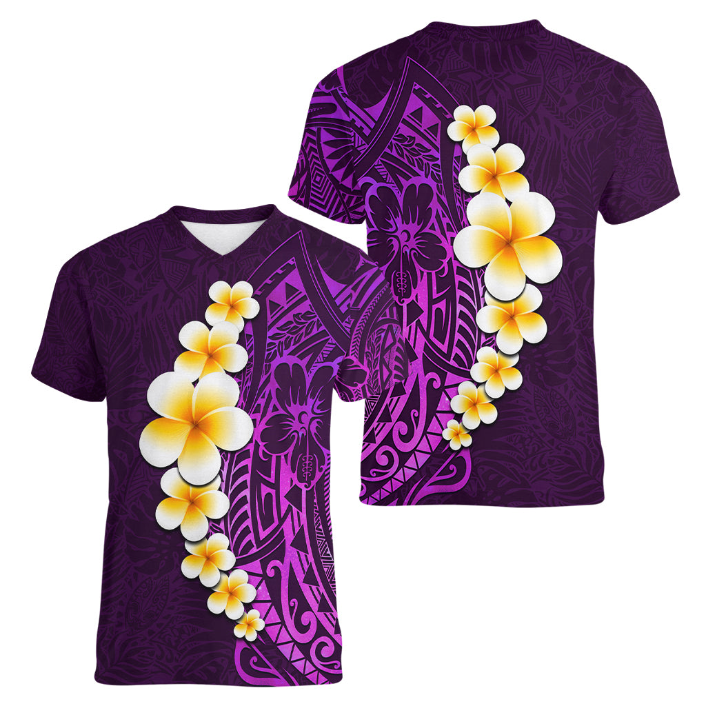 Purple Tropical Plumeria With Galaxy Polynesian Art Women V Neck T Shirt LT14 - Polynesian Pride