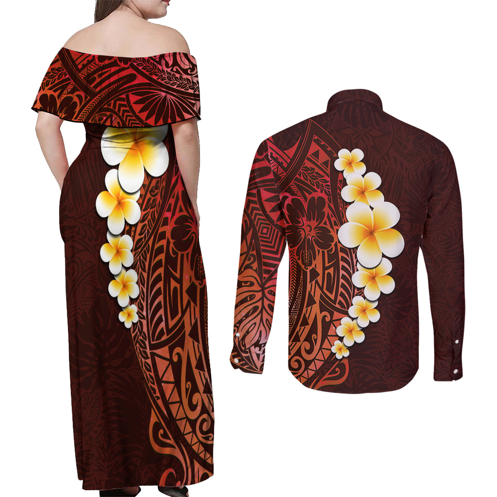 Red Tropical Plumeria With Galaxy Polynesian Art Couples Matching Off Shoulder Maxi Dress and Long Sleeve Button Shirt LT14 - Polynesian Pride
