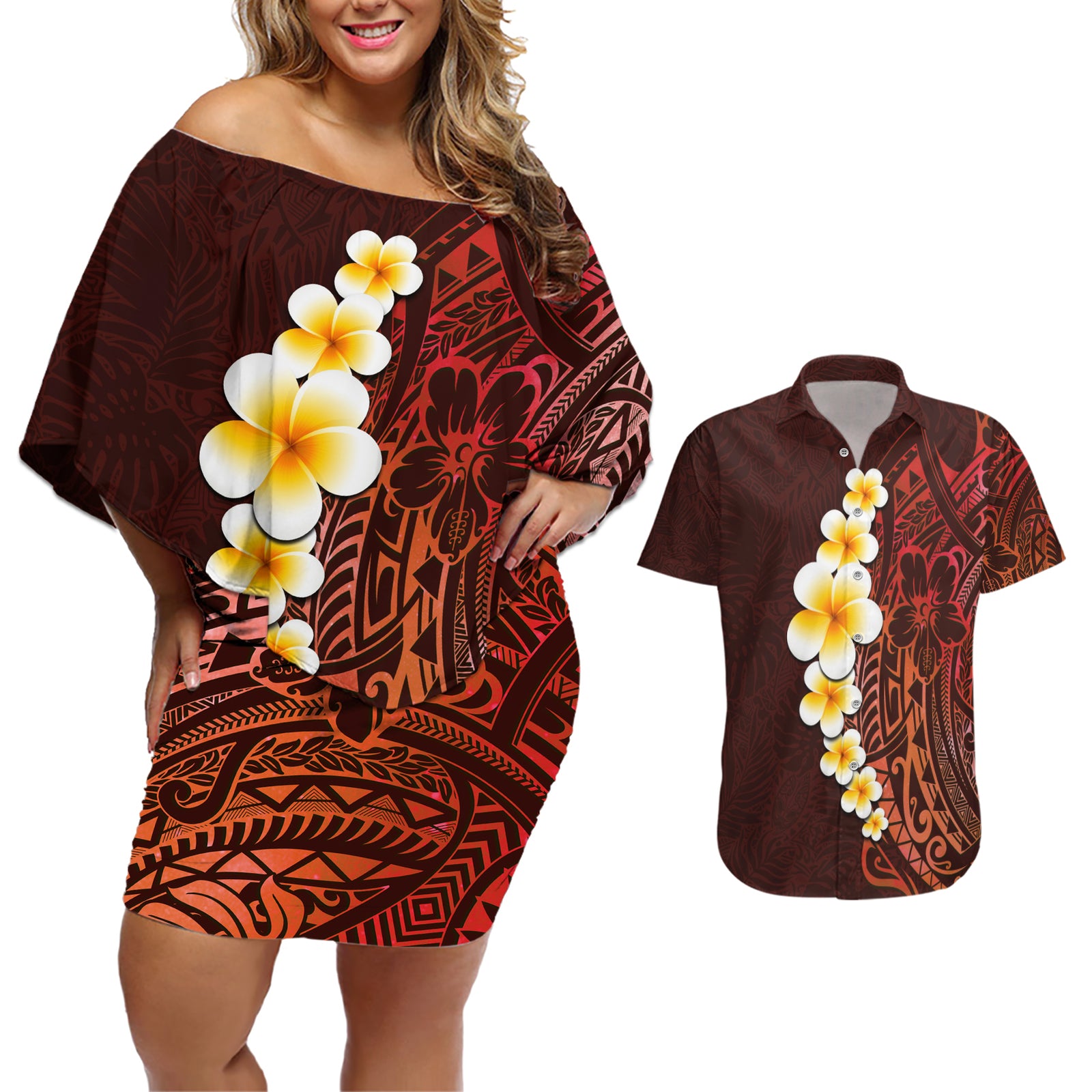 Red Tropical Plumeria With Galaxy Polynesian Art Couples Matching Off Shoulder Short Dress and Hawaiian Shirt LT14 Red - Polynesian Pride