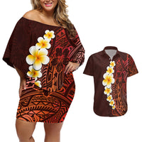 Red Tropical Plumeria With Galaxy Polynesian Art Couples Matching Off Shoulder Short Dress and Hawaiian Shirt LT14 Red - Polynesian Pride