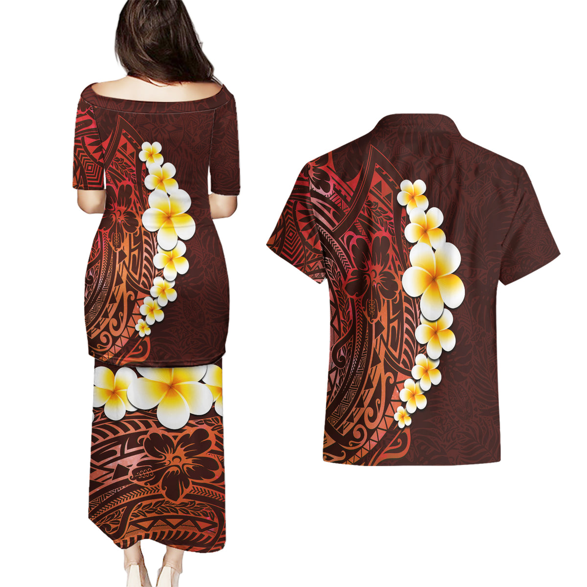 Red Tropical Plumeria With Galaxy Polynesian Art Couples Matching Puletasi Dress and Hawaiian Shirt LT14 - Polynesian Pride
