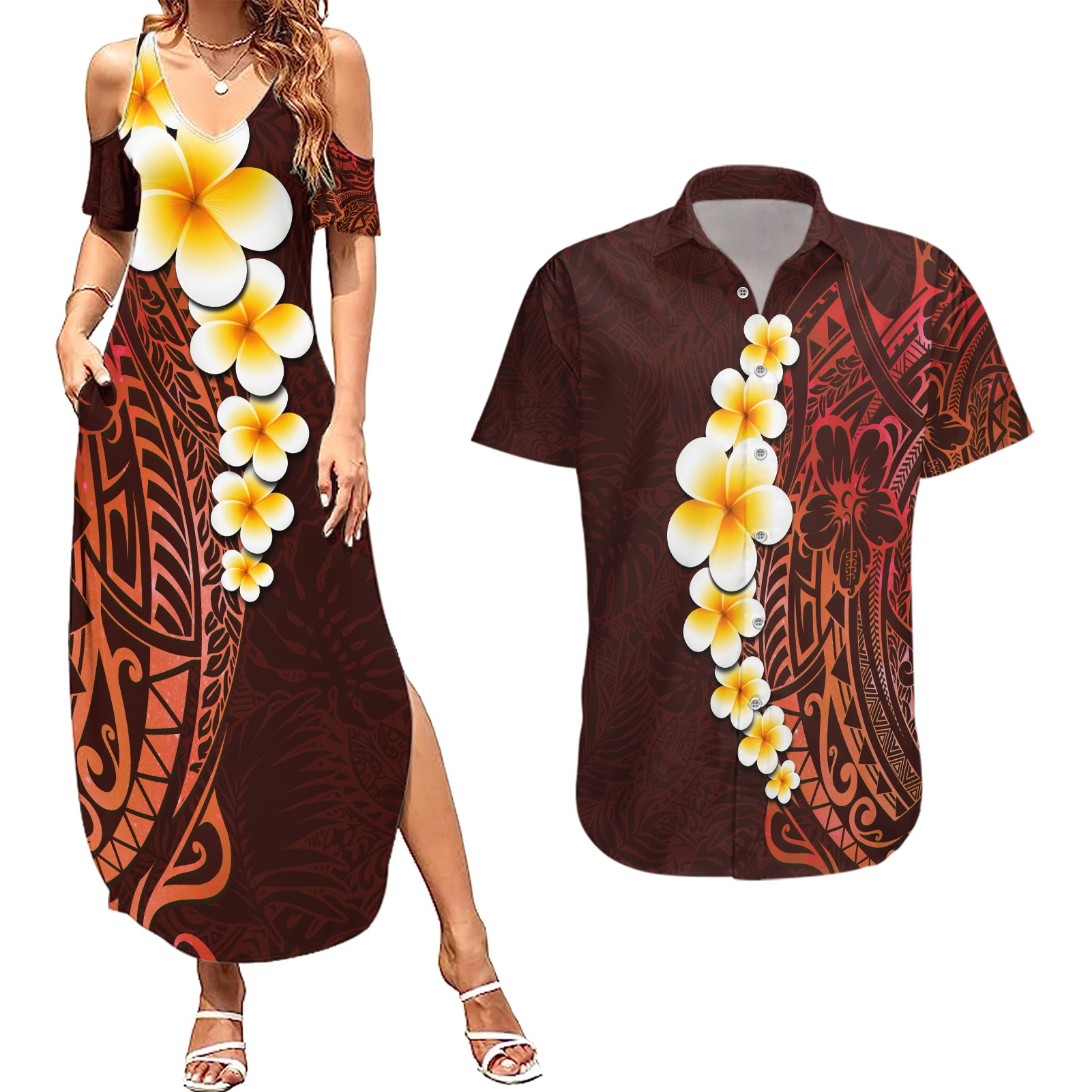 Red Tropical Plumeria With Galaxy Polynesian Art Couples Matching Summer Maxi Dress and Hawaiian Shirt LT14 Red - Polynesian Pride
