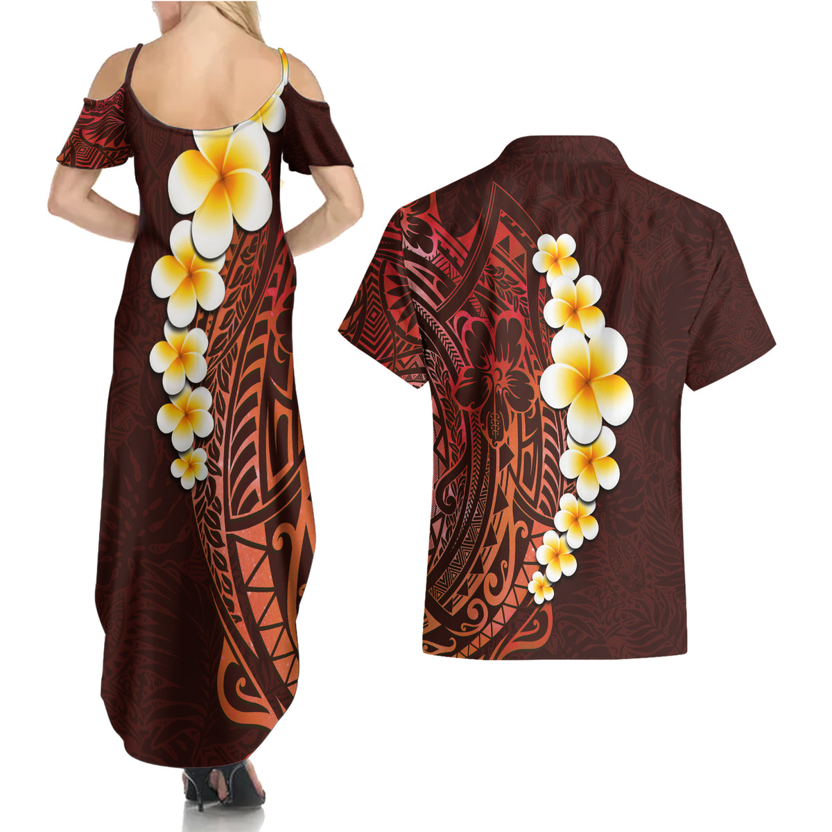 Red Tropical Plumeria With Galaxy Polynesian Art Couples Matching Summer Maxi Dress and Hawaiian Shirt LT14 - Polynesian Pride
