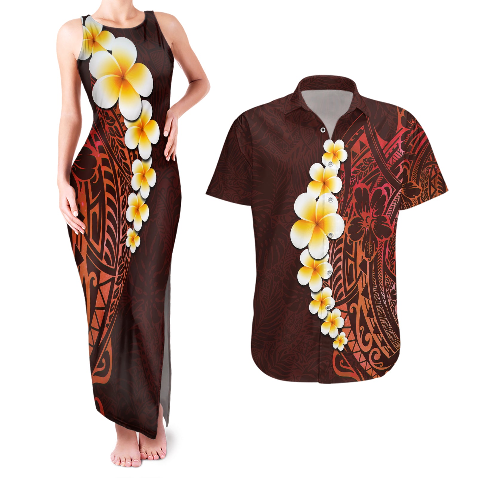 Red Tropical Plumeria With Galaxy Polynesian Art Couples Matching Tank Maxi Dress and Hawaiian Shirt LT14 Red - Polynesian Pride