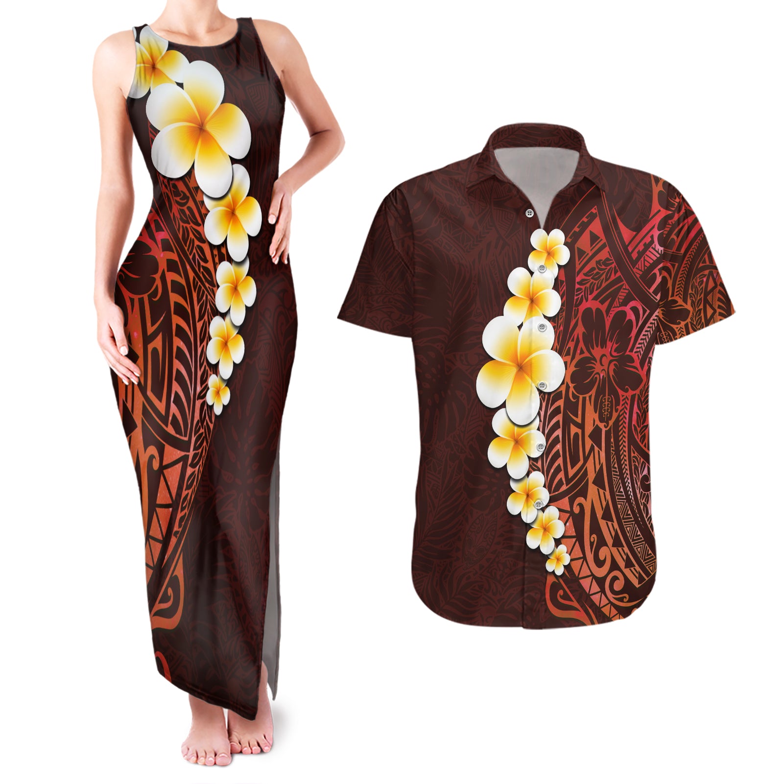 Red Tropical Plumeria With Galaxy Polynesian Art Couples Matching Tank Maxi Dress and Hawaiian Shirt LT14 Red - Polynesian Pride