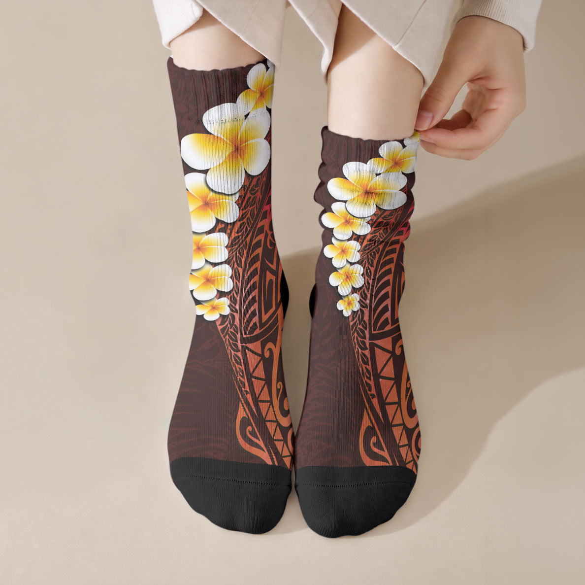 Red Tropical Plumeria With Galaxy Polynesian Art Crew Socks